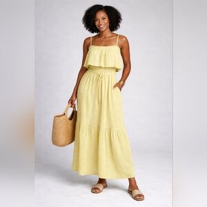 vestique Pale Yellow Tiered Midi Spaghetti Strap Dress